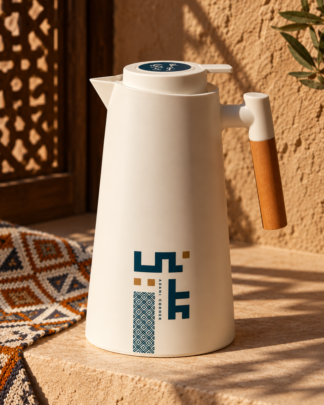 Cream Adani Corner dallah with a wooden handle in warm sunlight