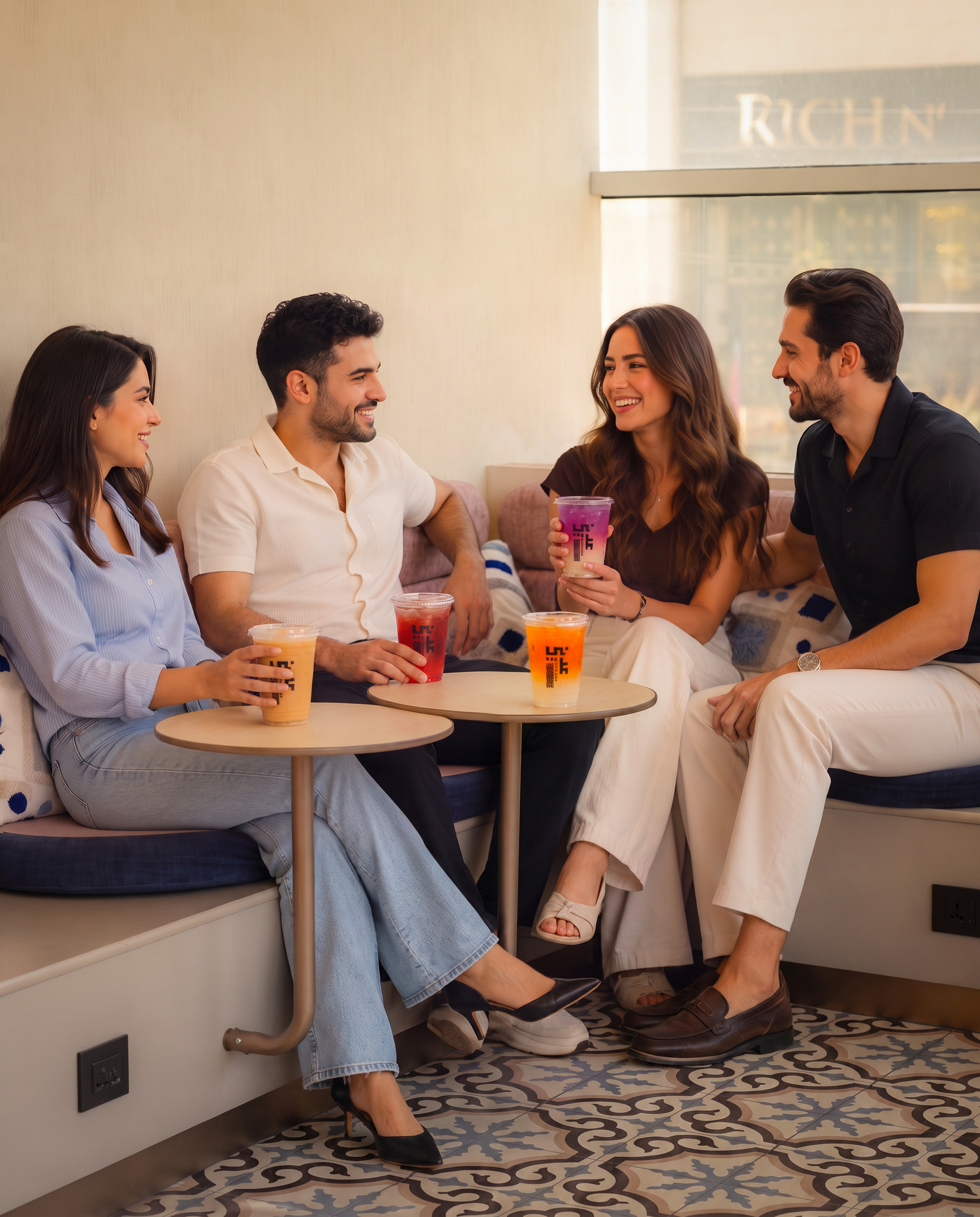 Friends sharing drinks in our modern majlis